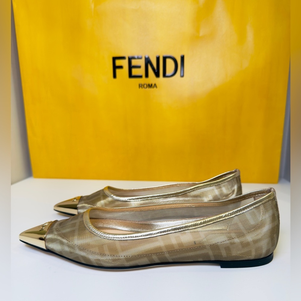 Fendi Colibri FF Mesh Ballerina Flats Gold Pointed Logo Engraved Metal Size 37 - Picture 2 of 15
